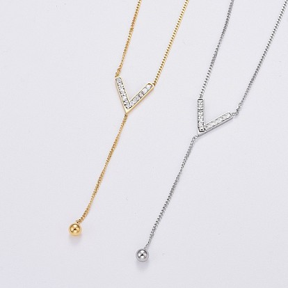 304 Stainless Steel Curb Chains Chevron Lariat Necklaces, with Rhinestone and Lobster Claw Clasps