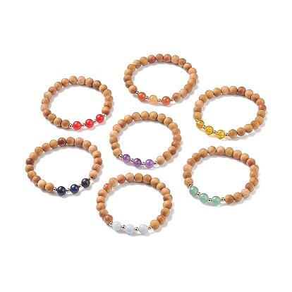 7Pcs 7 Style Natural Wood & Mixed Gemstone Round Beaded Stretch Bracelets Set, Chakra Yoga Jewelry for Women