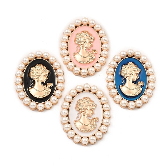 Cabochons en alliage de zinc émaillé, avec des perles d'imitation en plastique, ovale avec une femme, or et de lumière