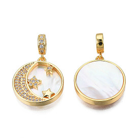 Brass Micro Pave Clear Cubic Zirconia Pendants, with Natural Shell, Real 18K Gold Plated, Nickel Free, Flat Round with Moon & Star