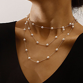 Minimalist Geometric Pearl Layered Necklace for Women, Personalized Luxury Pearl Jewelry with Multiple Chains.