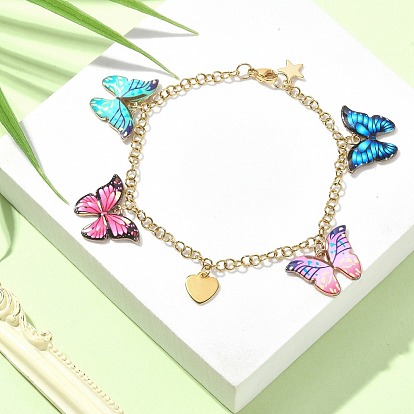 Enamel Butterfly & Alloy Heart Charm Bracelet with Ion Plating(IP) 304 Stainless Steel Chains
