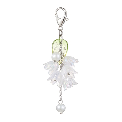 Acrylic Pendant Decorations, with Glass Imitation Pearl Beads and Alloy Lobster Claw Clasps, Flower with Leaf