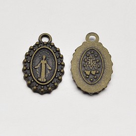 Oval Tibetan Style Alloy Charms, Virgin Mary with Cross & Heart, Cadmium Free & Nickel Free & Lead Free, 15x9x1mm, Hole: 1.5mm