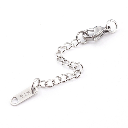304 Stainless Steel Chain Extender, Chain Tabs with Word K14, and Lobster Claw Clasps