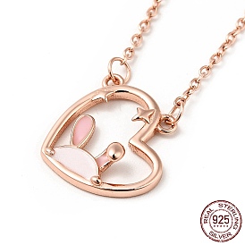 Enamel Heart with Rabbit Pendant Necklace, 925 Sterling Silver Jewelry for Women