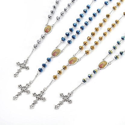 Alloy Pendant Necklaces, with Glass and 304 Stainless Steel Rolo Chains, Crucifix Cross, For Easter