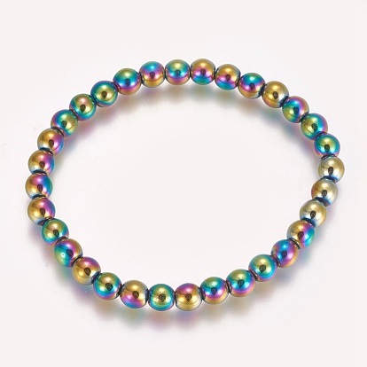 Bracelet extensible perlé en hématite synthétique non magnétique électroplaqué, ronde