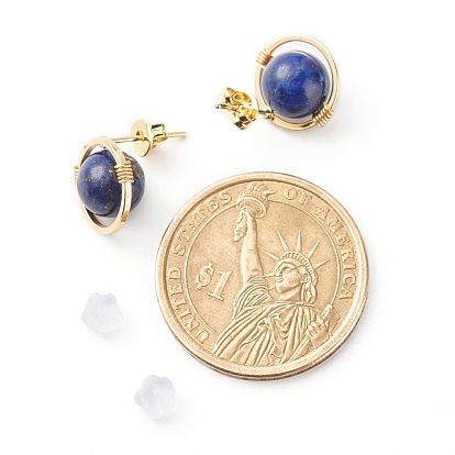 Boucles d'oreilles mixtes perles rondes pierres précieuses pour fille femmes, boucle d'oreille en laiton à enroulement de fil, or