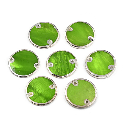 Spray Painted Natural Freshwater Shell Connector Charms, Sliver Plated Edg, Flat Round