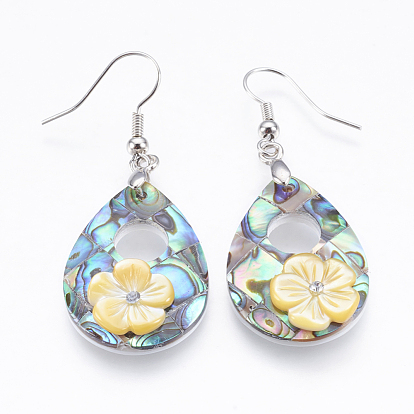 Abalone Shell/Paua Shell Dangle Earrings, with Brass Findings & Yellow Shell, Teardrop with Flower