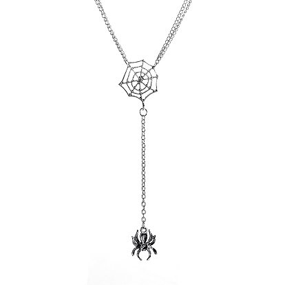 Halloween Themed Tibetan Style Alloy Spider & Net Pendant Lariat Necklace for Women