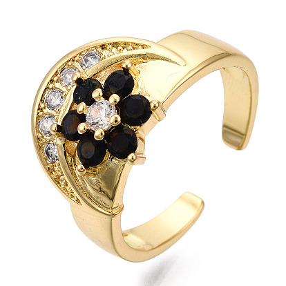 Cubic Zirconia Moon with Flower Open Cuff Ring, Real 18K Gold Plated Brass Jewelry for Women, Nickel Free