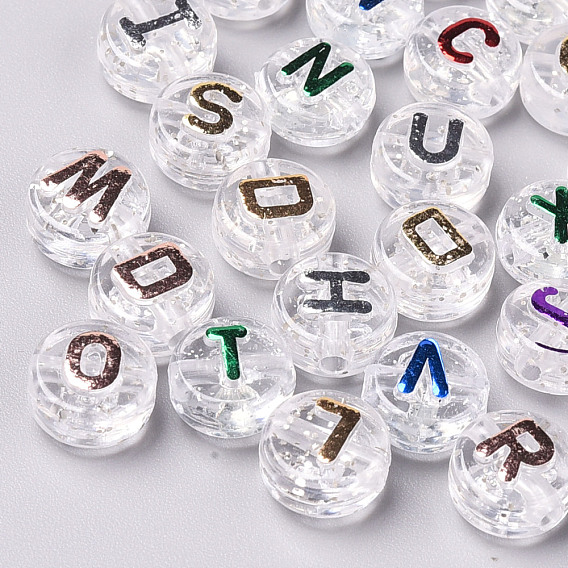 Perles acryliques transparentes transparentes, avec de la poudre de paillettes, trou horizontal, plat rond avec des lettres aléatoires