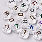 Transparent Clear Acrylic Beads, with Glitter Powder, Horizontal Hole, Flat Round with Random Letters