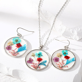 Colorful Geometric Circle Earrings and Necklace Set with Blue Floral Drops