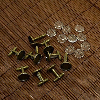 DIY Brass Cufflink Findings Cuff Button Cabochon Settings and 14mm Clear Glass Cabochon Cover Sets, Cuff Button: 27x16mm, Tray: 14mm