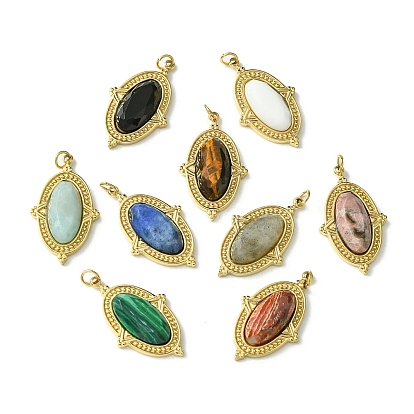 Ion Plating(IP) 304 Stainless Steel Pave Faceted Gemstone Pendants, Oval Charms, Real 14K Gold Plated