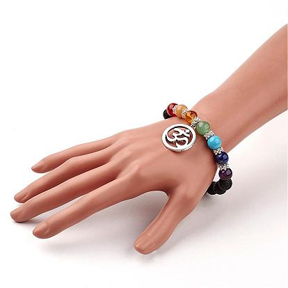 Bracelets de perles de pierres précieuses, chakra bracelets extensibles, avec les accessoires en alliage, anneau avec ohm