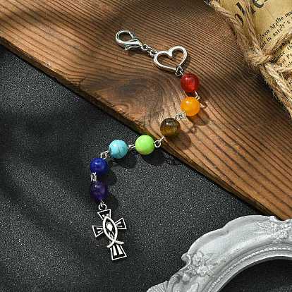 Crucifix Cross & Heart Alloy Pendant Decorations, Chakra Natural & Synthetic Mixed Stone Beads and Lobster Claw Clasps Charms