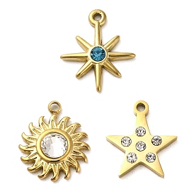 Titanium Steel Pendants, with Rhinestone, Golden, Star/Sun/Star Charm