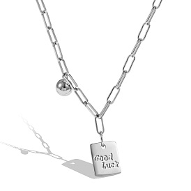 925 Sterling Silver Pendant Necklaces, Rectangle with Word Good Luck