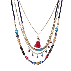 Alloy Tassel Pendant Multi Layered Necklaces, Bohemia Style Glass Bead Necklaces for Wome