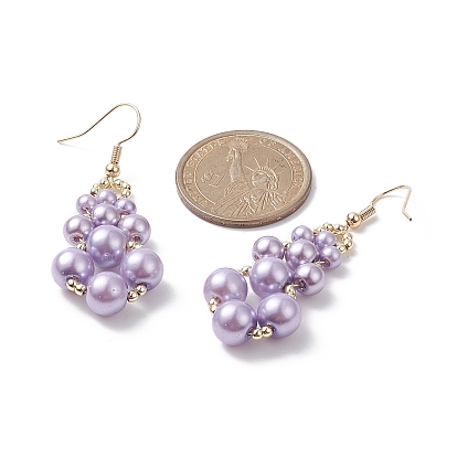 Glass Pearl & Synthetic Hematite Round Beaded Teardrop Dangle Earrings, Golden Brass Wire Wrap Jewelry for Women