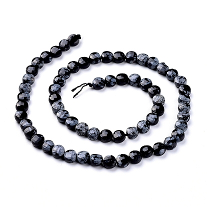 Natural Snowflake Obsidian Beads Strands, Faceted, Flat Round