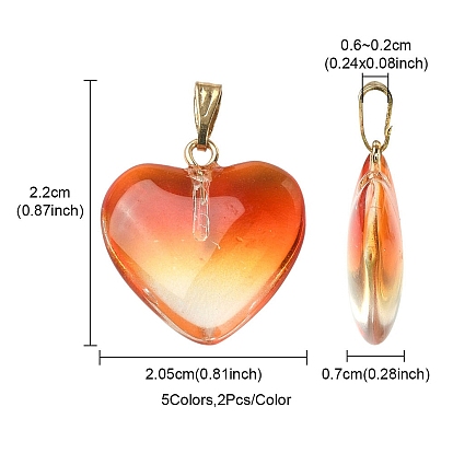 10Pcs 5 Colors Two Tone Transparent Glass Pendants, with Golden Plated Iron Findings, Heart Charms