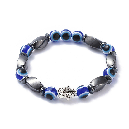 Mauvais oeil perles de résine bracelets extensibles, avec des billes d'hématite synthétiques non magnétiques et des billes d'alliage tibétain, hamsa main / main de fatima / main de miriam