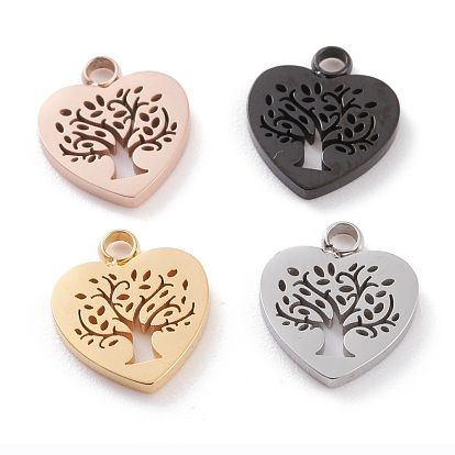 Ion Plating(IP) 304 Stainless Steel Charms, Laser Cut, Heart with Tree of Life