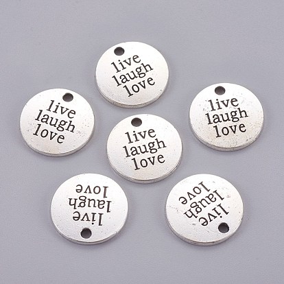 Tibetan Style Alloy Flat Round Carved Word Live Laugh Love Message Pendants, Lead Free & Cadmium Free, 20x2mm, Hole: 2mm, about 285pcs/1000g