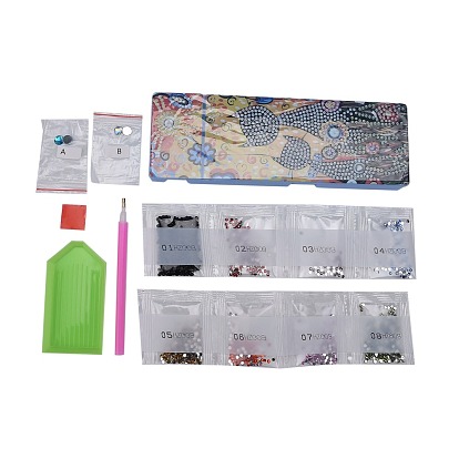 5D DIY Diamond Painting Stickers Kits For ABS Pencil Case Making, with Resin Rhinestones, Diamond Sticky Pen, Tray Plate and Glue Clay, Rectangle with Cat Pattern