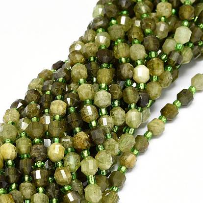 Natural Green Garnet Beads Strands, with Seed Beads, Faceted, Bicone, Double Terminated Point Prism Beads