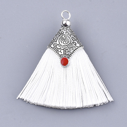 Polyester Tassel Pendant Decorations, with Alloy Findings and Enamel, Fan Shape, Antique Silver
