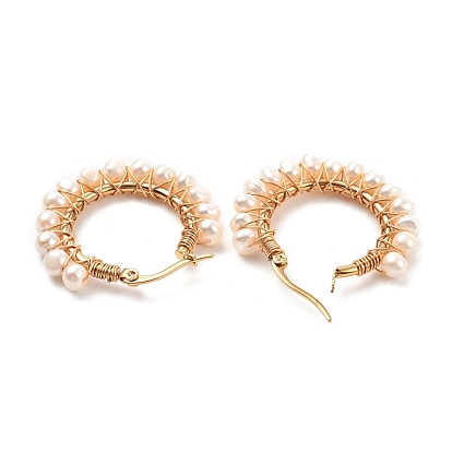 304 Stainless Steel Hoop Earrings, with Potato Natural Cultured Freshwater Pearls and Copper Wire, Ring Shape
