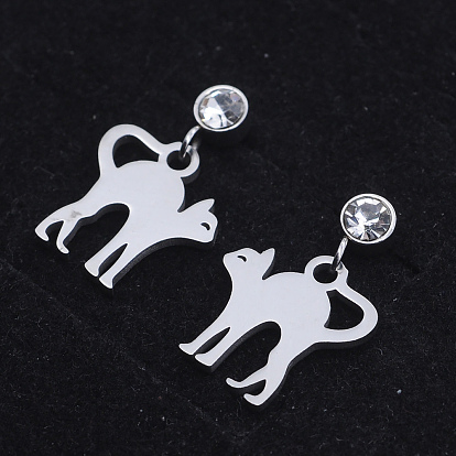201 Stainless Steel Kitten Dangle Stud Earrings, with Clear Cubic Zirconia, Stretching Cat