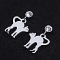 201 Stainless Steel Kitten Dangle Stud Earrings, with Clear Cubic Zirconia, Stretching Cat