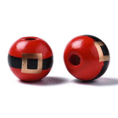 Painted Natural Wood European Beads, Large Hole Beads, Christmas, Printed, Round