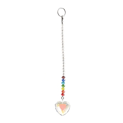Chakra Crystal Suncatcher Dowsing Pendulum Pendants, with 304 Stainless Steel Split Key Rings, Glass Beads, Velvet Bag, Leaf & Heart & Ball Shape, Stainless Steel Color