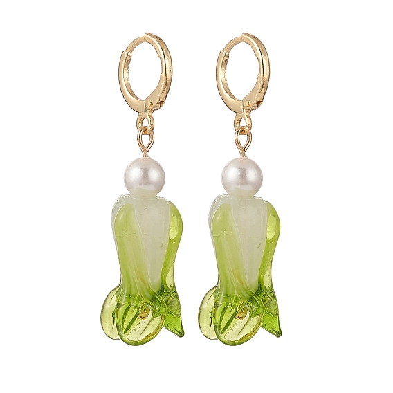 Boucles d'oreilles pendantes en chou chinois au chalumeau faites à la main, avec perles nacrées rondes, 304 bijoux en acier inoxydable pour femmes, réel 24 k plaqué or