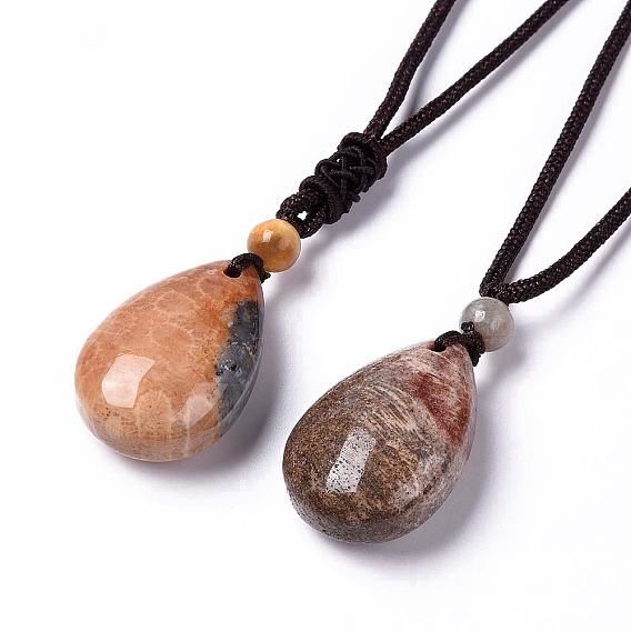 Collier pendentif en forme de larme de corail fossile naturel teint avec cordon en nylon pour femme