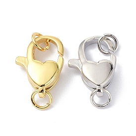 Eco-Friendly Brass Lobster Claw Clasps, with Jump Ring, Heart