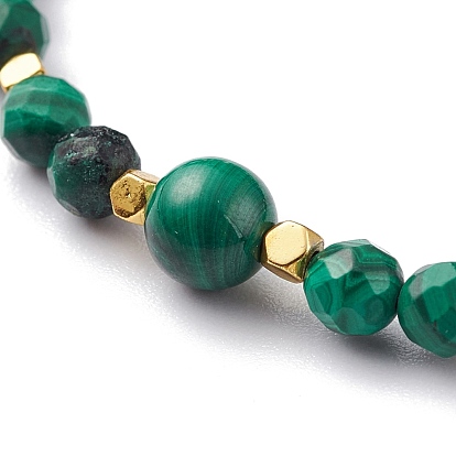 Natural Malachite Beaded Bracelets, with Electroplate Non-magnetic Synthetic Hematite Beads, Faceted Round
