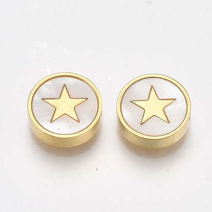 304 Stainless Steel Beads, with Shell, Flat Round with Star