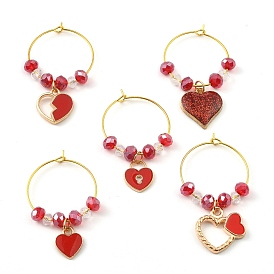 Valentine's Day Theme Heart Alloy Enamel Wine Glass Charms, with Glass Beads and Brass Hoop Earrings Findings