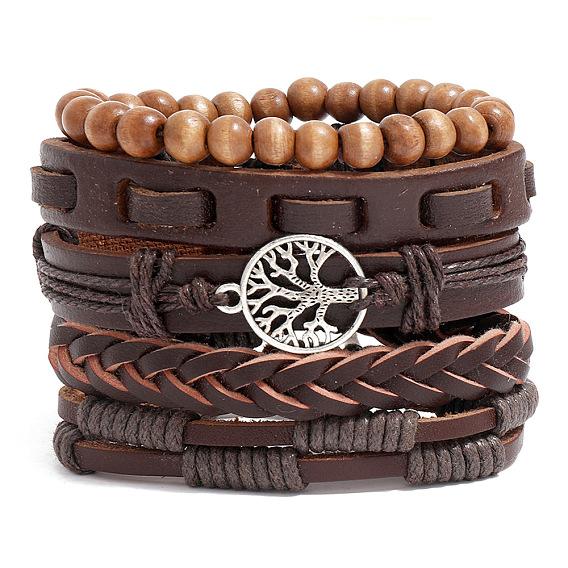 5 piezas 5 conjunto de pulseras de cordón de cuero pu estilo, Eslabones de aleación del árbol de la vida y pulseras apilables con cuentas de madera.