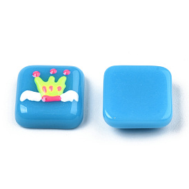 Opaque Resin Enamel Cabochons, Square with Green Yellow Crown