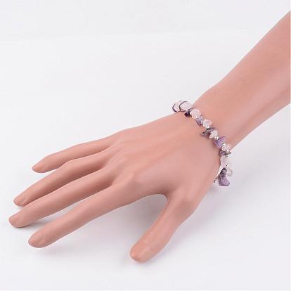 Gemstone Stretch Bracelets, with Iron Findings, Silver Color Plated 55mm